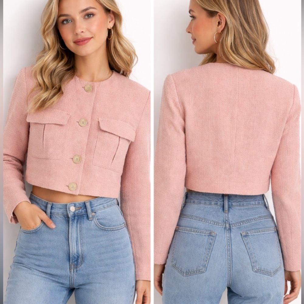 Zara Pink Cropped Tweed Blazer Jacket